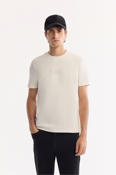 Avva Men's Ecru Bi-Stretch Printed Interlock T-Shirt A52Y1020