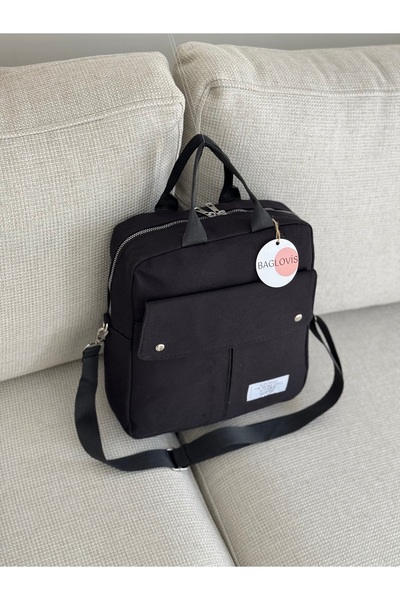 BAGLOVİS Multi Pocket Canvas Medium Black Backpack En25 Boy30