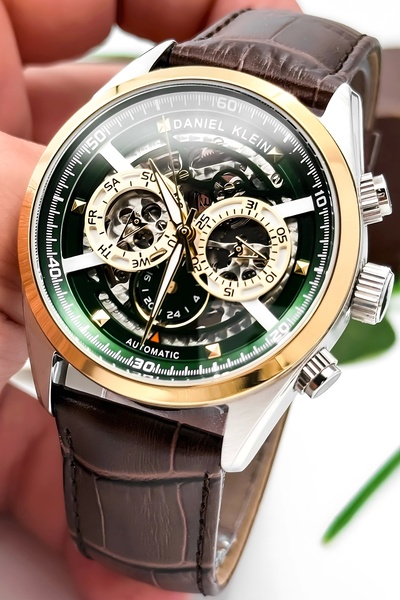 Daniel Klein Automatic Mechanism Leather Cord Steel Case Men Wrist Watch Coffee-Green Zmdk1195