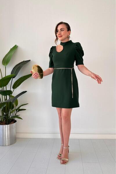 MaziButik Chain Belt Crepe Dress Emerald