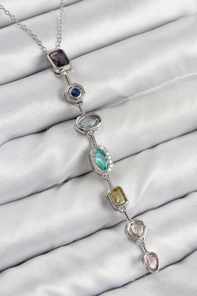 REBORN DESIGN Brass Colored Zircon Stone Model Silver Color 7 Element Women's Y Necklace