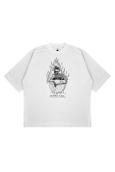 PURE EFFECT Tricou unisex oversize cu schelet de flacără imprimat Boxy Fit di...