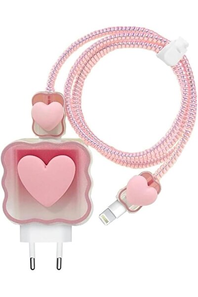 STOREMAX aksesuar (5960) Pembe Kalp Şarj Aleti Kılıfı, Şarj Kablosu Örme Apar...