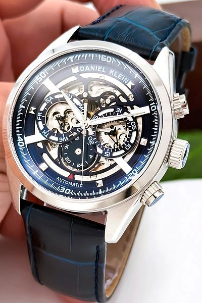 Daniel Klein Automatic Mechanism Leather Cord Steel Case Men Wrist Watch Navy Blue Zmdk1195