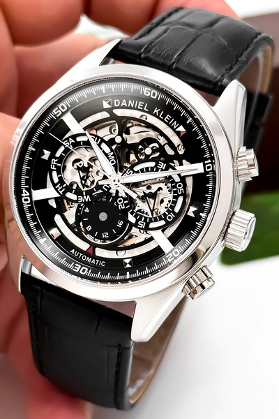 Daniel Klein Automatic Mechanism Leather Cord Steel Case Men Wrist Watch Black Zmdk1195