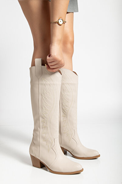 Genetti Westry İşlemeli Uzun Model Kadın Kovboy Bej Çizme