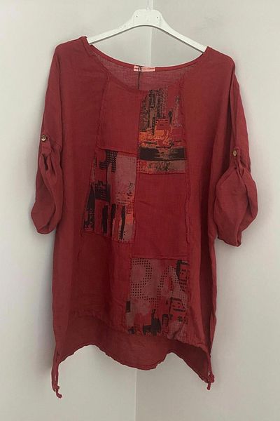 AYASOFYA OTANTIK Women's Italian Burgundy Round Neck Patch Detailed Half Sleeve Oversize Loose 100% Linen Blouse Tunic