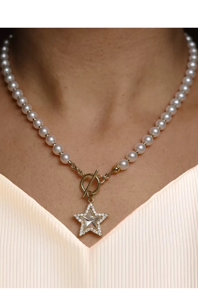 CAŞ DEKORASYON Gold Color Star Steel Pearl Necklace