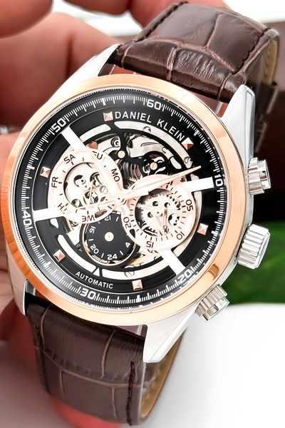 Daniel Klein Automatic Mechanism Leather Cord Steel Case Men Wrist Watch Coffee-Rose Zmdk1195