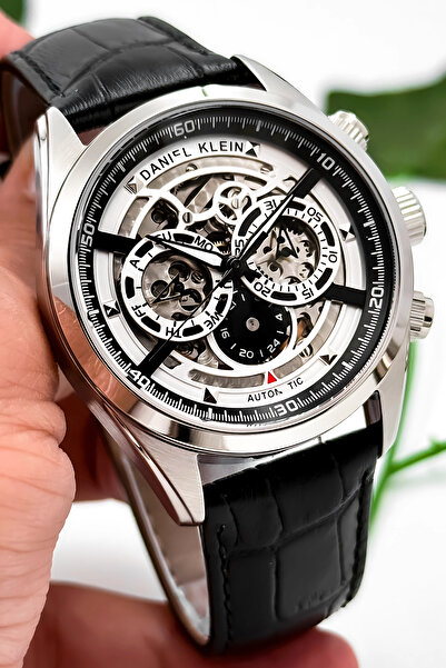 Daniel Klein Automatic Mechanism Leather Cord Steel Case Men Wrist Watch Black-Silver Zmdk1195