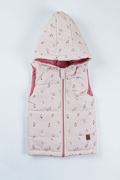 PODİUM GİYİM Trend Special Series Flower Bouquet Patterned Winter Hooded Girl's Vest