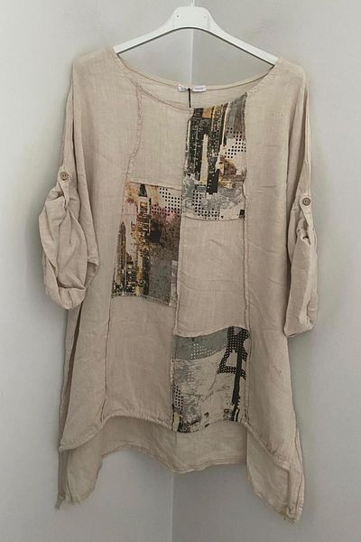 AYASOFYA OTANTIK Women's Italian Beige Round Neck Patch Detailed Half Sleeve Oversize Loose 100% Linen Blouse Tunic