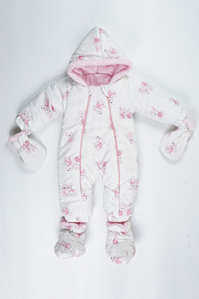 PODİUM GİYİM Trend Cute Rabbit/Bear Pattern Winter Removable Foot/Gloves Hooded Girl Cosmonaut Jumpsuit
