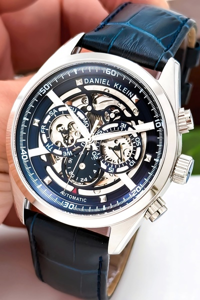 Daniel Klein Automatic Mechanism Leather Cord Steel Case Men Wrist Watch Navy Blue Zmdk1195