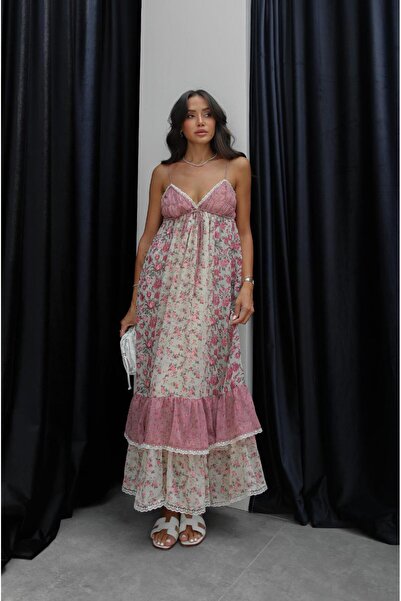 Havoş Pink Collar Lace Detailed Floral Dress