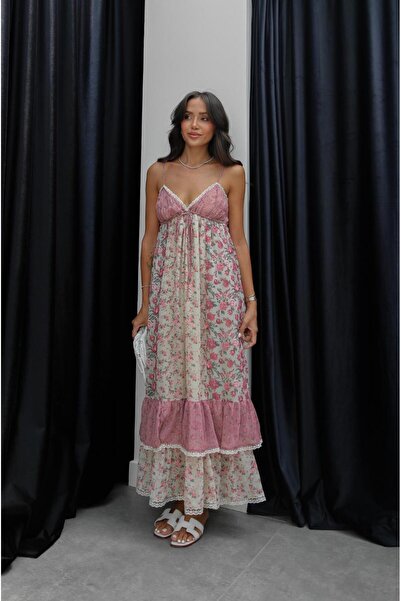 Havoş Pink Collar Lace Detailed Floral Dress