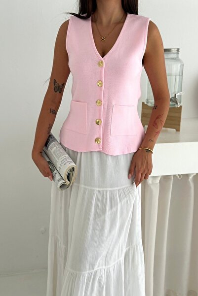 Noi Belis Basic V Yaka Cep Detaylı Triko Yelek AW25YL0002