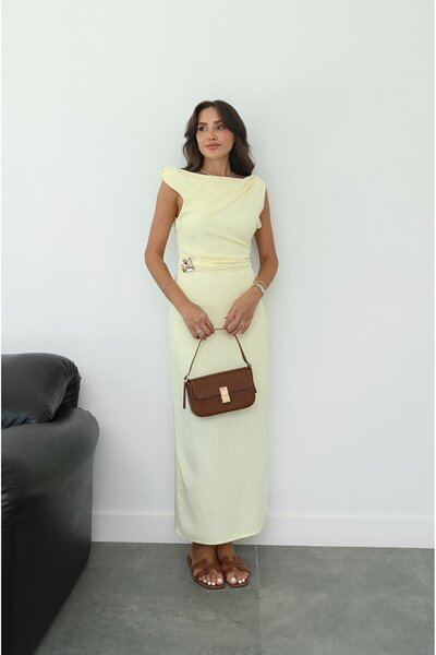 Havoş Light Yellow Gathered Detailed Gold Accessory Dress