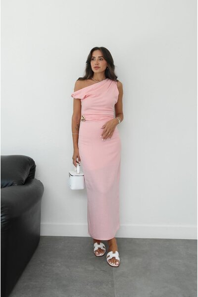 Havoş Pink Gather Detailed Gold Accessory Dress