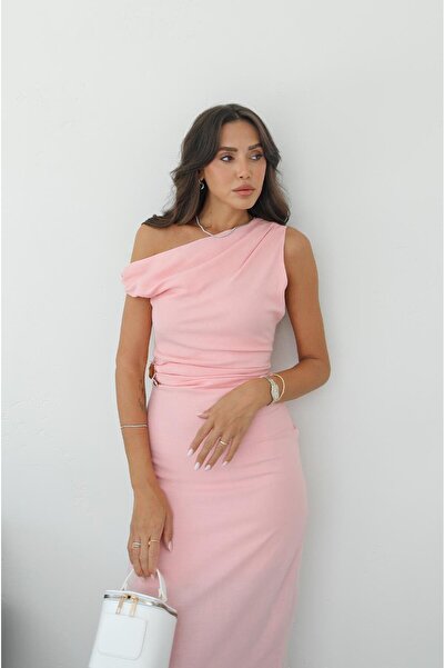 Havoş Pink Gather Detailed Gold Accessory Dress