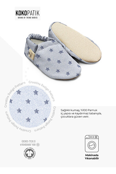Kokopatik Organic Cotton Baby Booties, Anti-Slip Sole, Home Nursery Shoes, White Denim Pattern Booties