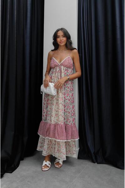 Havoş Pink Collar Lace Detailed Floral Dress