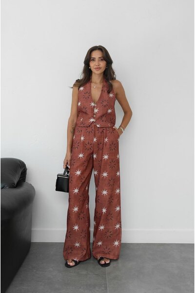 Havoş Brown Star Patterned Vest Pants Suit