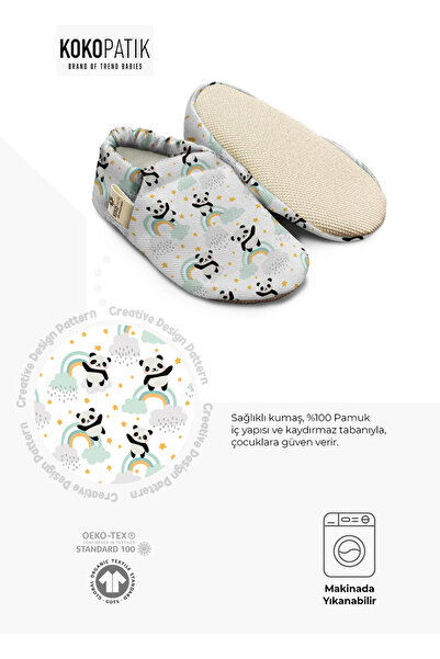 Kokopatik Organic Cotton Baby Booties, Anti-Slip Sole, Home Nursery Shoes, Panda Pattern Booties