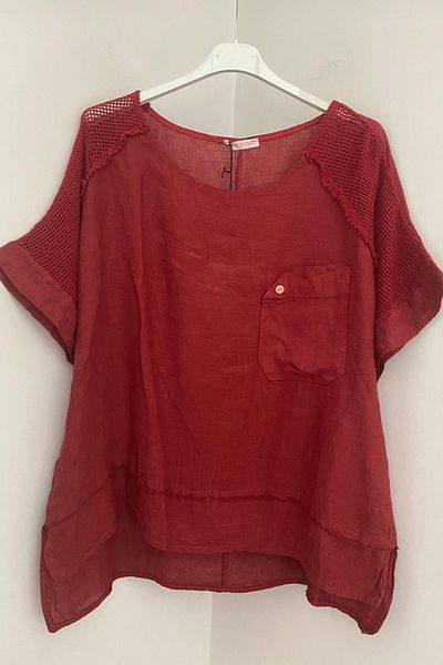 AYASOFYA OTANTIK Women's Italian Burgundy Round Neck Shoulder Mesh Detailed Asymmetrical Pocket Oversize Casual Linen Blouse Tunic