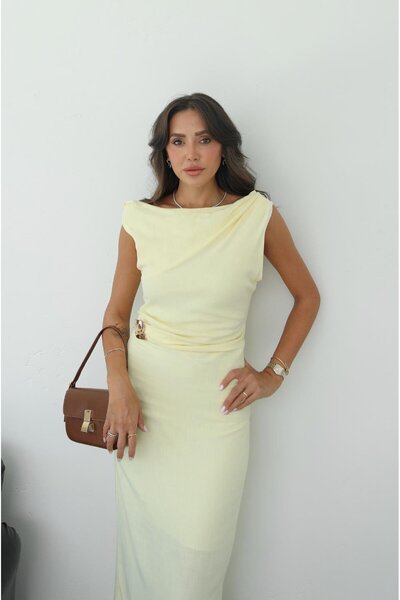 Havoş Light Yellow Gathered Detailed Gold Accessory Dress