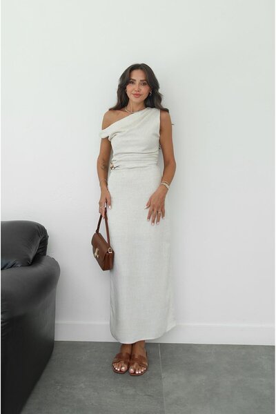 Havoş Natural Gather Detailed Gold Accessory Dress