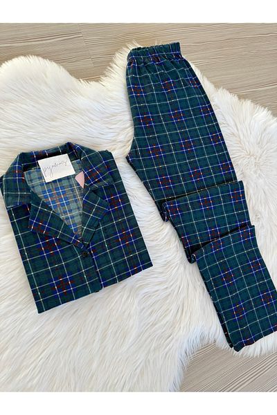 Pijamacs Green Plaid Patterned Suede Shirt Collar Long Sleeve Pajama Set