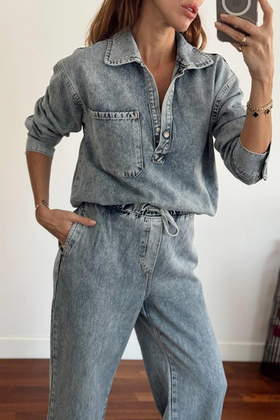 trendalisse Women's Denim Shirt Elastic Waist Wide Leg Pants Bottom Top Set