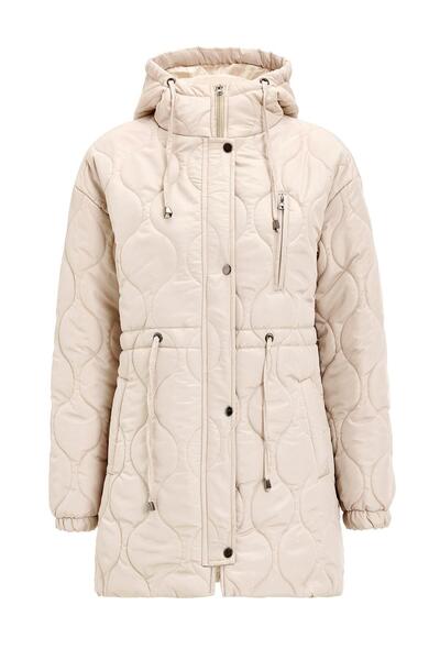 Olcay Hooded Waist Lace Short Quilted Coat Stone 6777