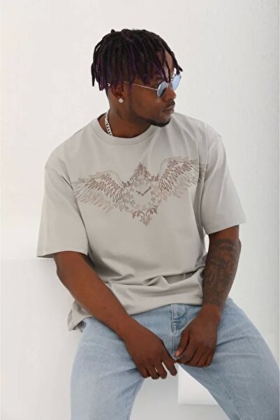 fh fashionhere Gray Unisex Oversize Stone Detailed Crew Neck T-Shirt