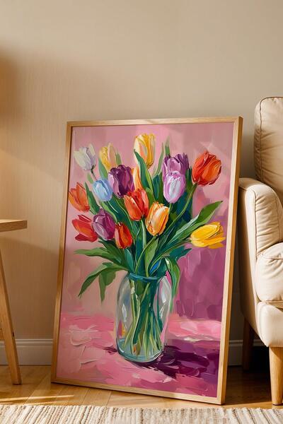 Saturn Cam Vazoda Renkli Laleler Çerçeveli Tablo - Pop Art Poster Tablo