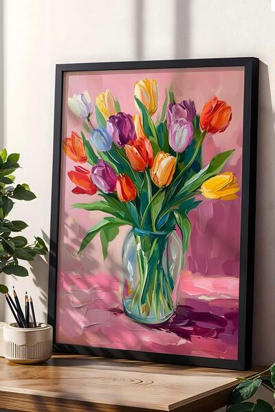 Saturn Pictură înrămată cu lalele colorate într-o vază de sticlă - Pictură po...