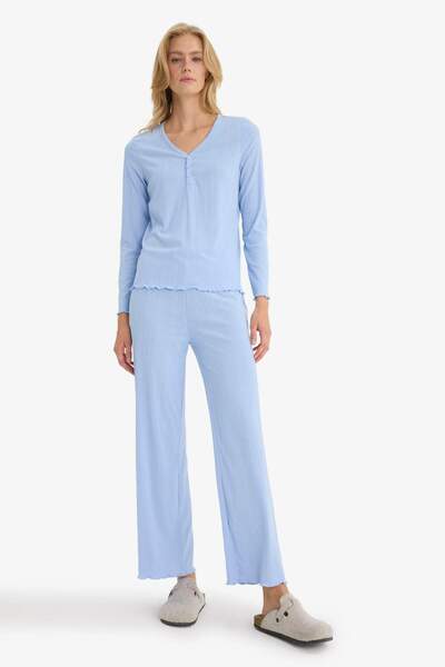DeFacto Pajama Sets Regular Fit Rib Long Sleeve Top Long Bottom-Fall in Love D2273Ax25Au