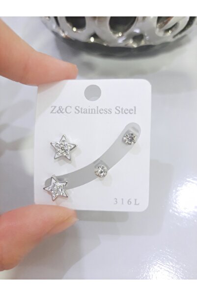 Tasarım Steel Earrings 2-Piece Stone Star Solitaire Model Silver Silver