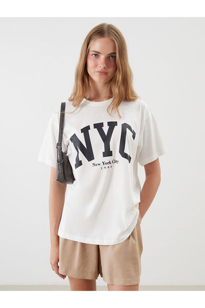 LC Waikiki Vizyon New Season White Crew Neck New York City Printed Women's T-...