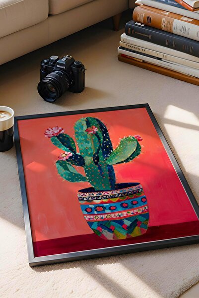 Saturn Desenli Saksıda Çiçek Açan Kaktüs Çerçeveli Tablo - Pop Art Poster Tablo
