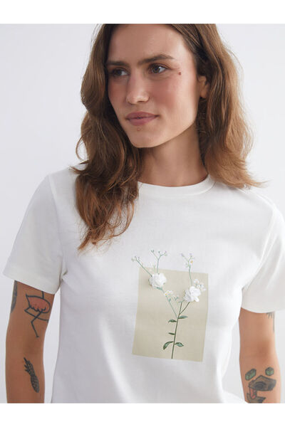 LC Waikiki Ecru Crew Neck Floral Women's T-Shirt