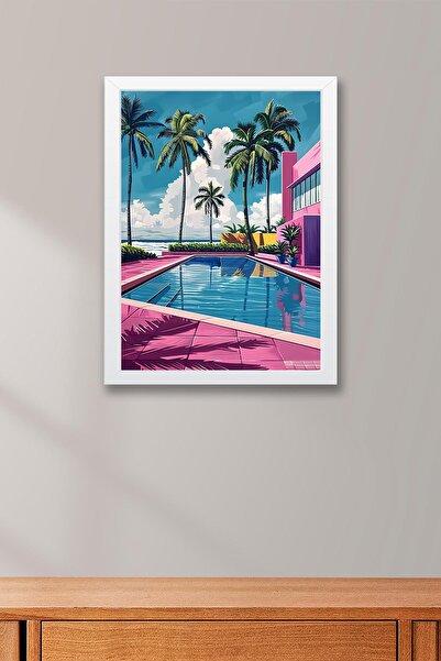 Saturn Miami Vice Style Retro Pool Scene Framed Painting - Pop Art Poster Painting