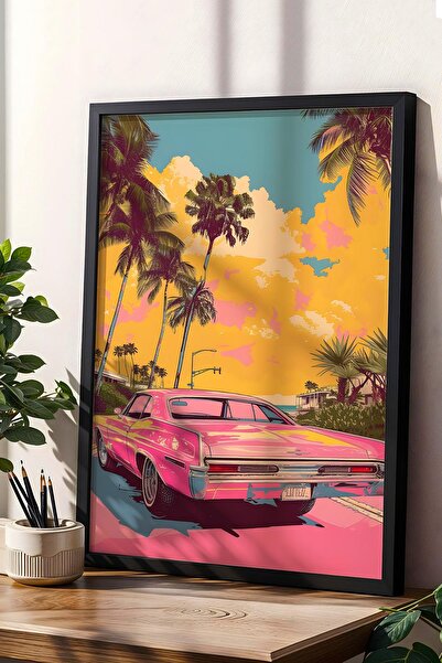 Saturn Miami Vice Style Pink Cadillac Car Framed Painting - Pop Art Poster Painting