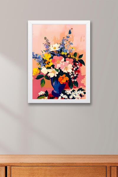 Saturn Colored Flowers in Blue Vase Framed Painting - Pop Art Poster Painting