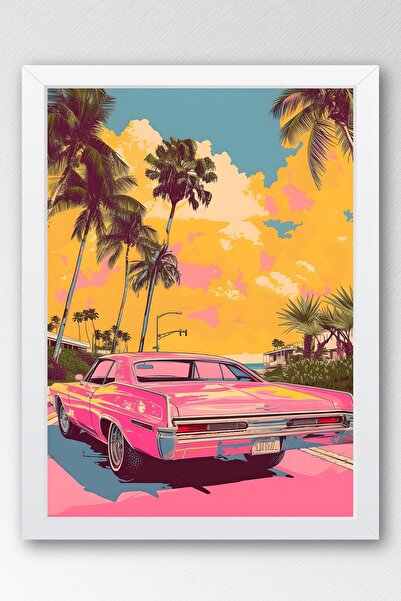 Saturn Miami Vice Style Pink Cadillac Car Framed Painting - Pop Art Poster Painting