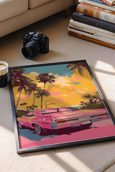 Saturn Miami Vice Style Pink Cadillac Car Framed Painting - Pop Art Poster Painting