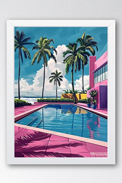 Saturn Miami Vice Style Retro Pool Scene Framed Painting - Pop Art Poster Painting