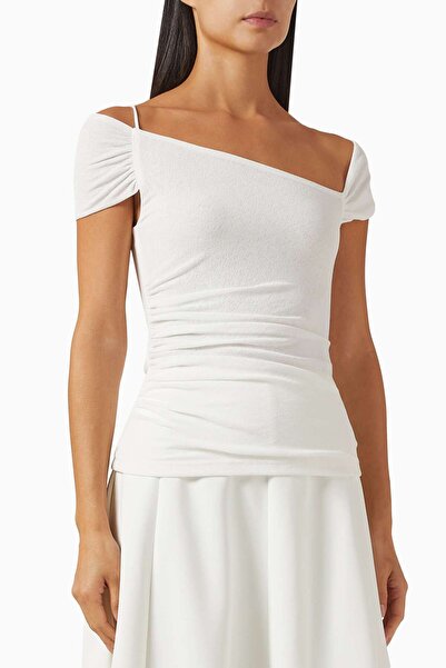 Eegen Studio Soft Cotton Ivory Top - Asymmetrical Neckline, Short Sleeves, Ch...