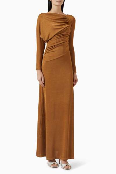 Eegen Studio Daphne Maxi Dress - Asymmetrical Neckline, Long Sleeves, A-Line ...